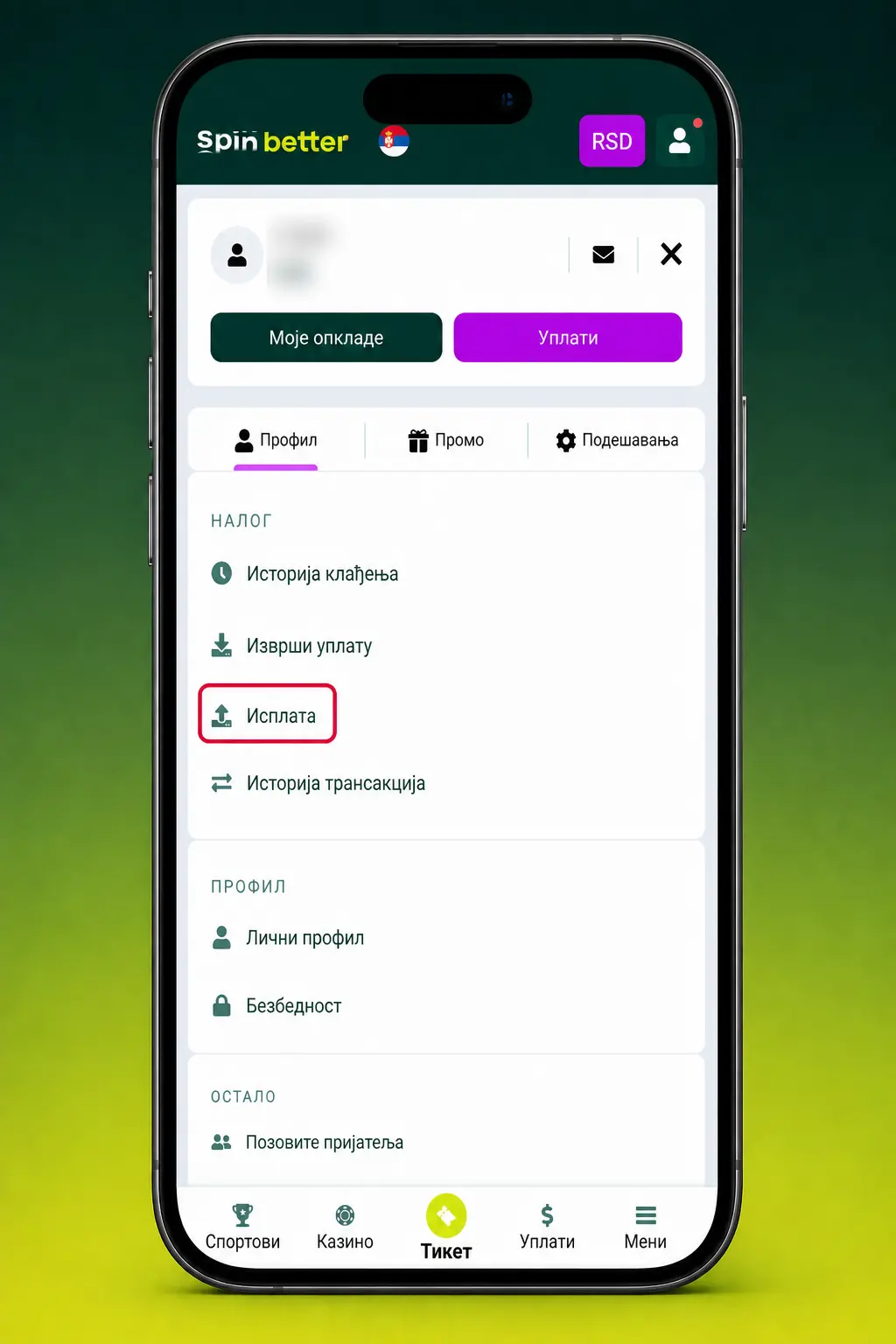 Isplata novca preko SpinBetter aplikacije na mobilnom telefonu uz verifikovan nalog i dostupan saldo