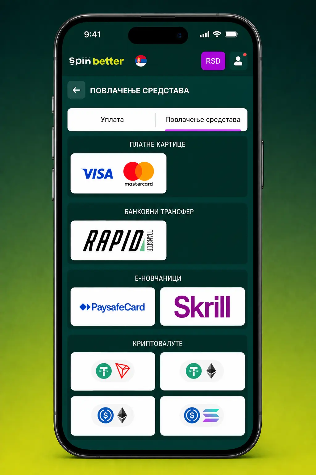 Isplata novca preko SpinBetter aplikacije na mobilnom telefonu uz verifikaciju naloga i unos podataka