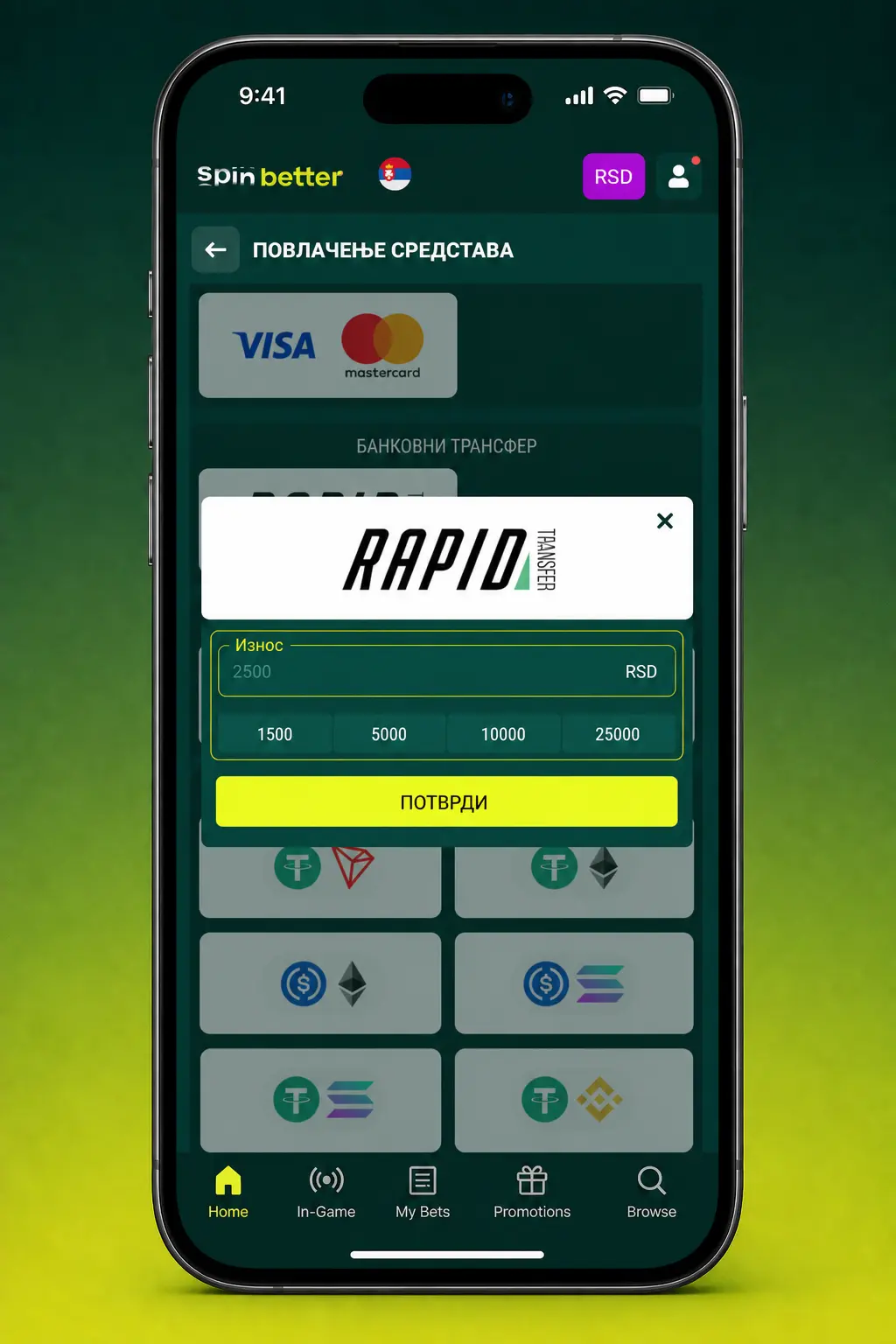 Isplata novca preko SpinBetter aplikacije na mobilnom telefonu - prikaz koraka za povlačenje sredstava