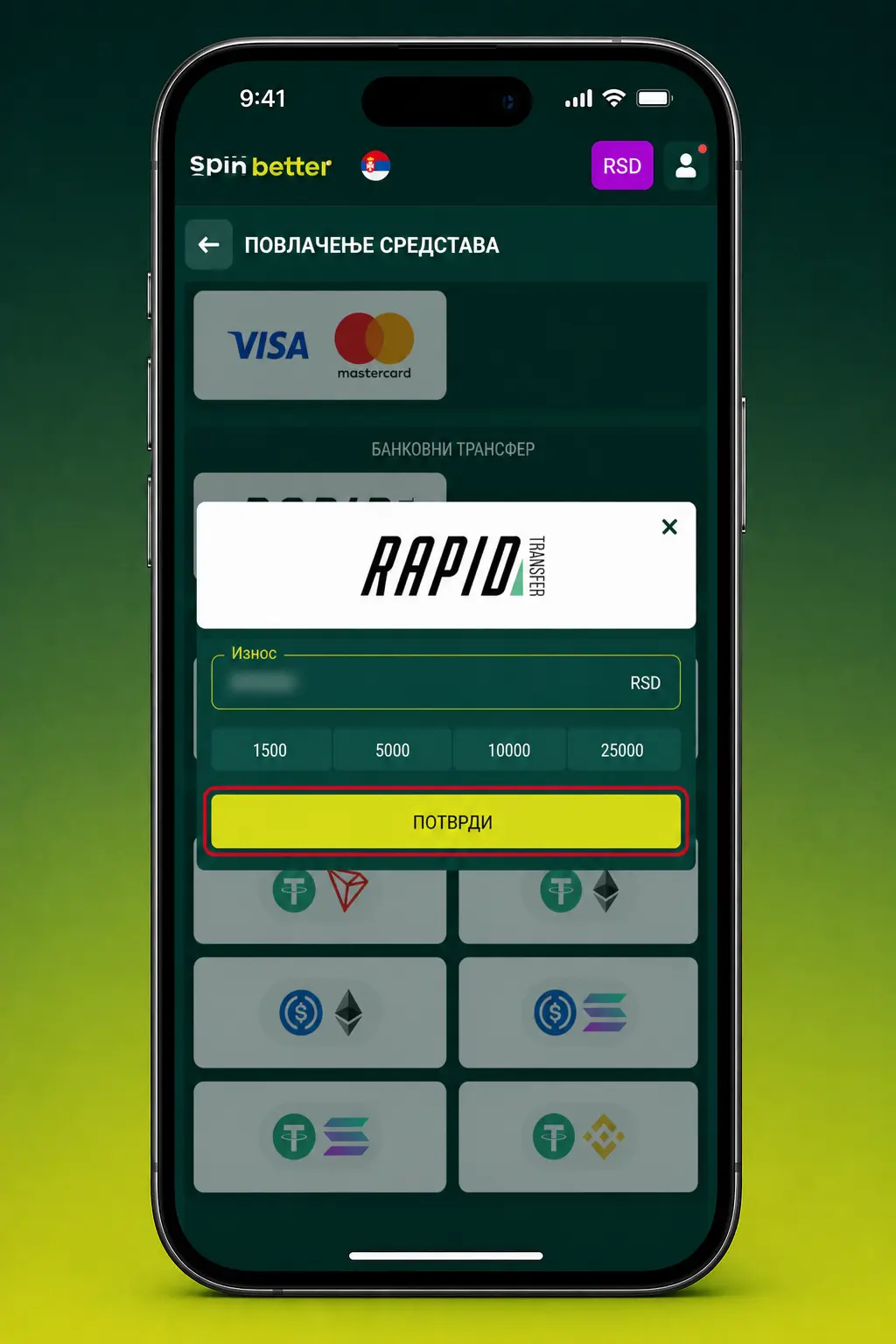 Isplata novca preko SpinBetter aplikacije na mobilnom telefonu uz izabranu metodu i verifikovan nalog