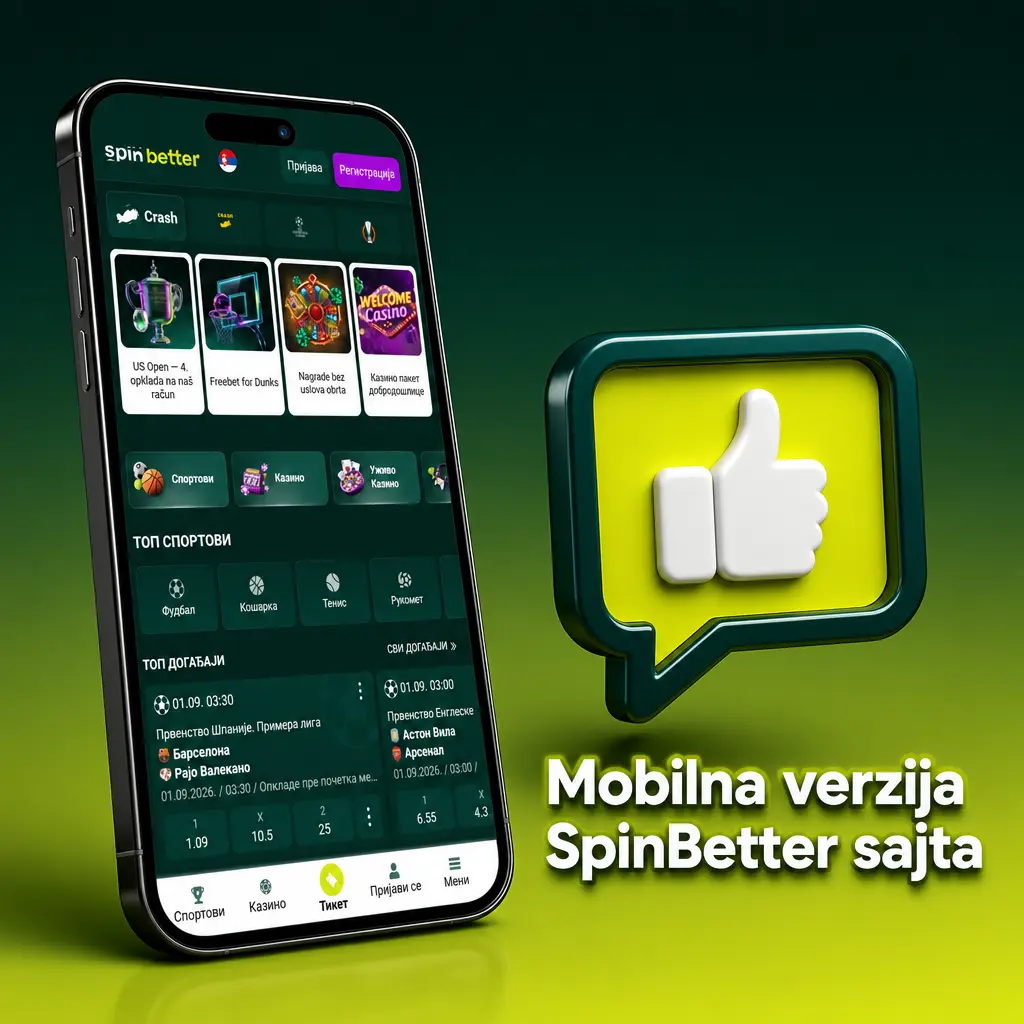 Mobilna verzija SpinBetter sajta prikazana na telefonu, sa opcijama za sportsko klađenje i kazino