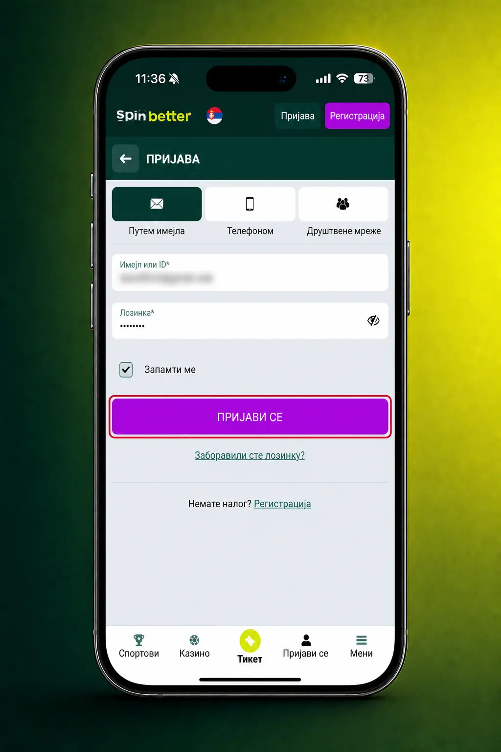 Prijava na SpinBetter putem mobilne aplikacije uz unos korisničkog imena i lozinke