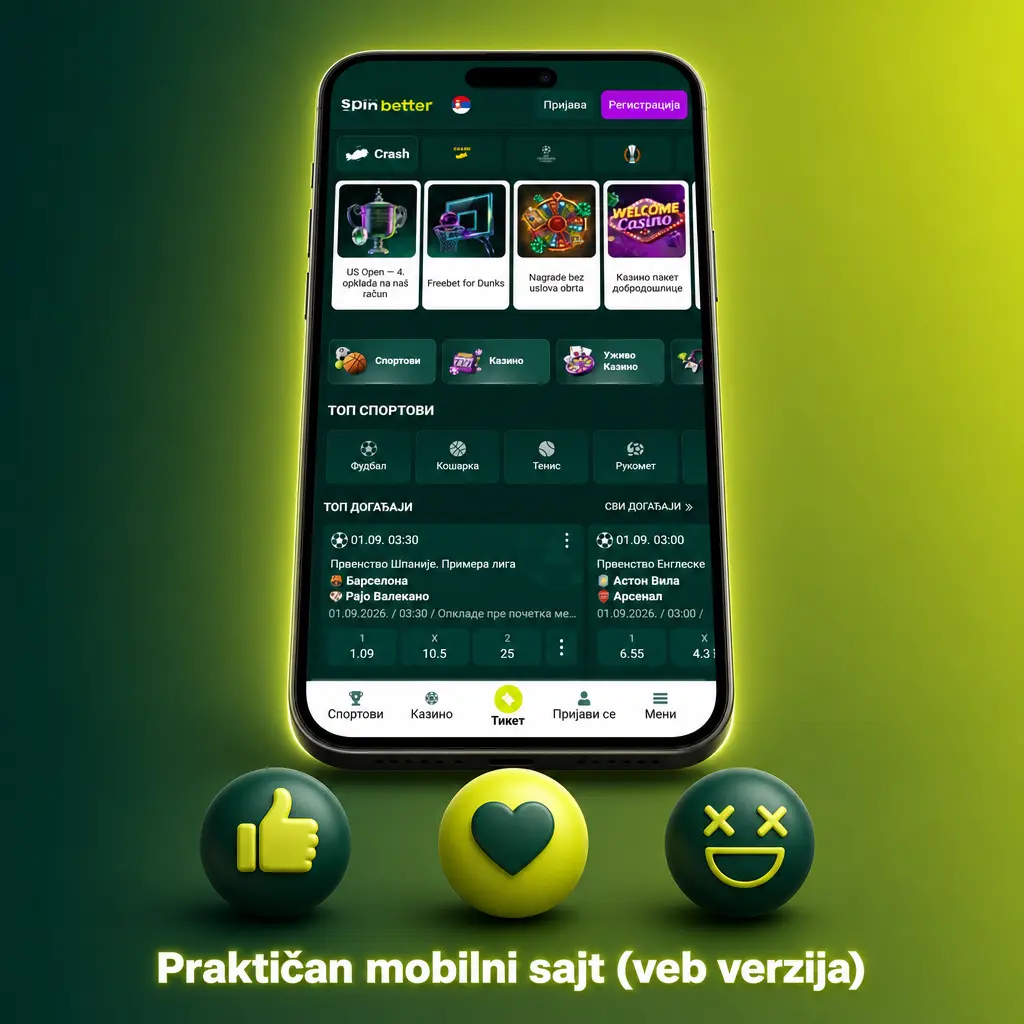 SpinBetter mobilni sajt otvoren u pregledaču telefona, bez preuzimanja aplikacije i sa punom funkcionalnošću kazina