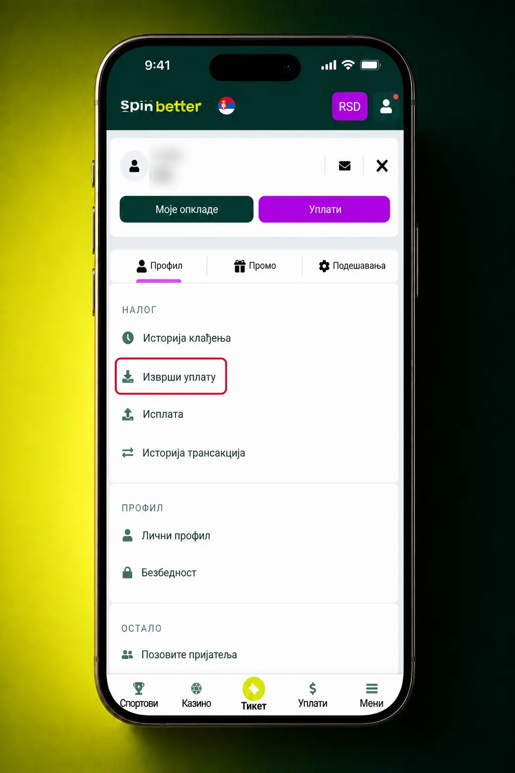 Uputstvo za uplatu novca preko SpinBetter mobilne aplikacije za korisnike u Srbiji