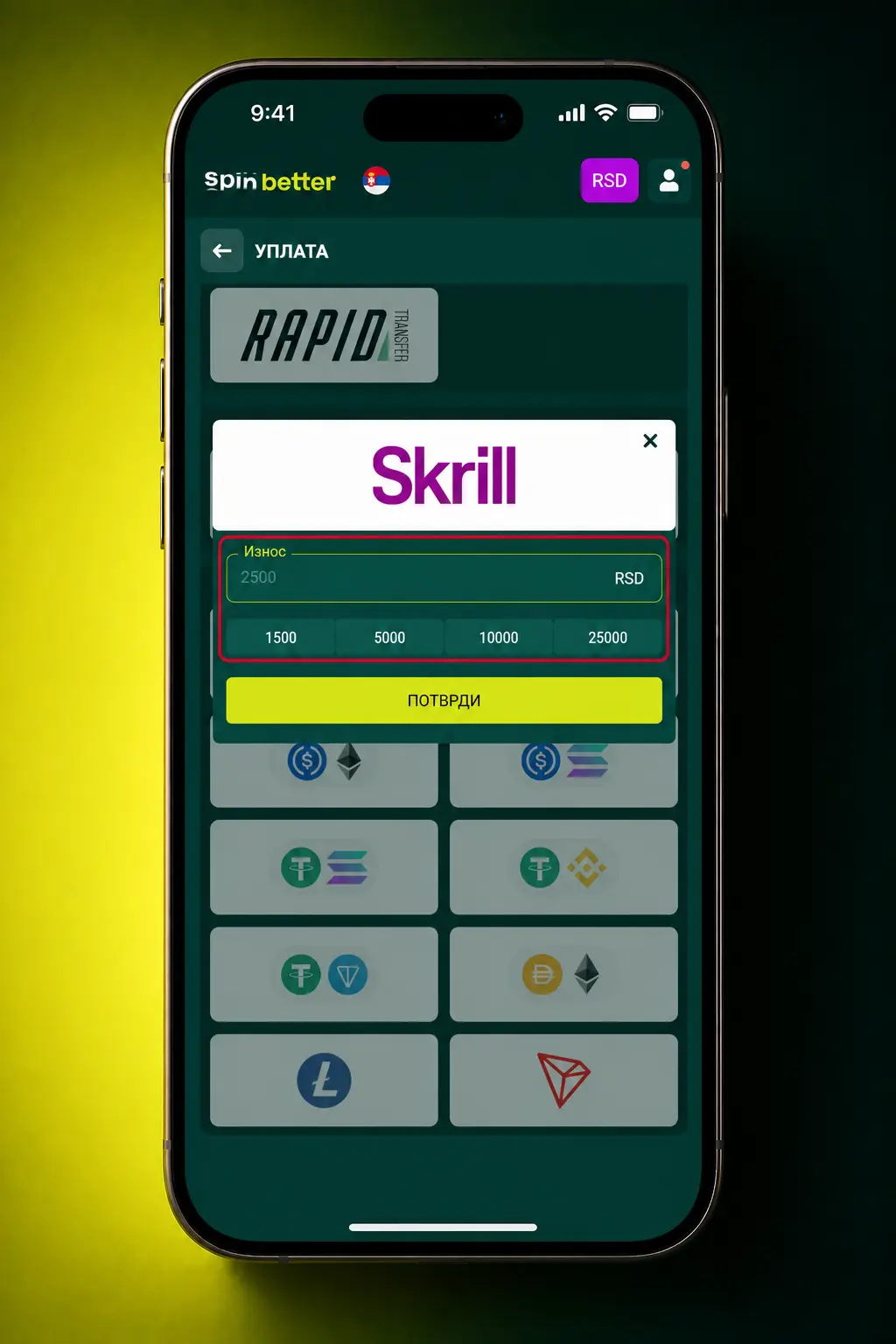 Uputstvo za uplatu preko SpinBetter aplikacije: prijava, izbor metode plaćanja i potvrda transakcije na mobilnom telefonu.